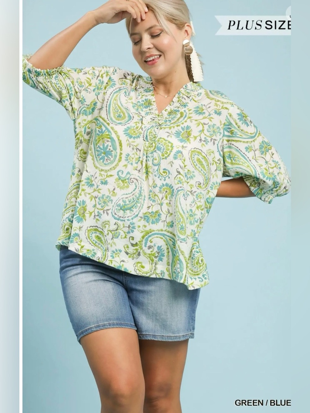 New! Umgee Plus Size Green Blue Paisley V-Neck Women’s Top Size 2X